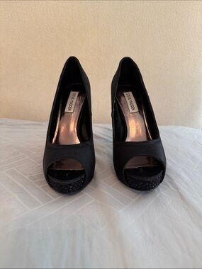 Steve Madden Black Satin Open-Toe Platform Pumps with rhinestone detail at toes